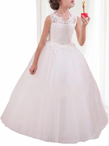 Ball-Gown Princess Charming Jewel Sleeveless Floor-Length Tulle Flower Girl Dress With Applique