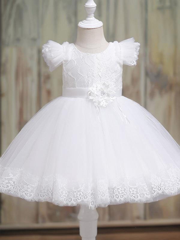 Ball-Gown Princess Scoop Short Sleeves Sweet Tea-Length Tulle Flower Girl Dress