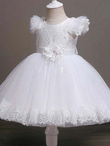 Ball-Gown Princess Scoop Short Sleeves Sweet Tea-Length Tulle Flower Girl Dress