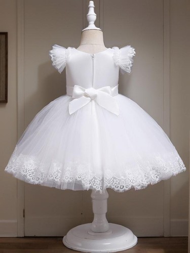 Ball-Gown Princess Scoop Short Sleeves Sweet Tea-Length Tulle Flower Girl Dress