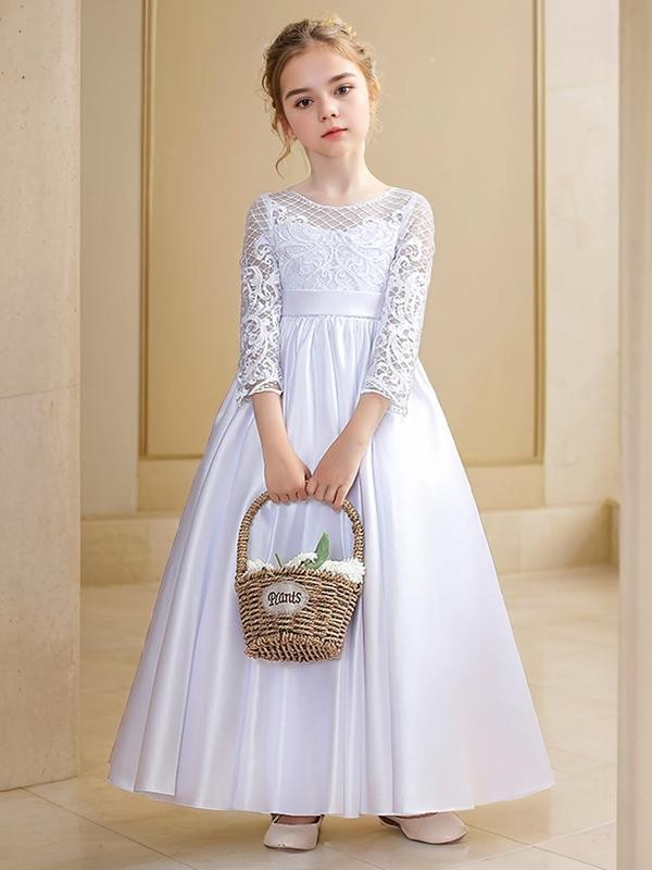 A-line Scoop 3/4 Sleeves Ankle-Length Angelic Satin Flower Girl Dress