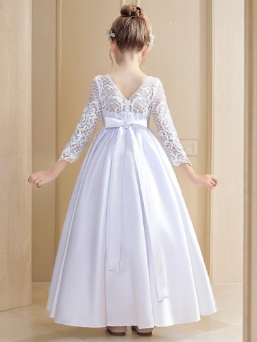 A-line Scoop 3/4 Sleeves Ankle-Length Angelic Satin Flower Girl Dress