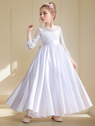 A-line Scoop 3/4 Sleeves Ankle-Length Angelic Satin Flower Girl Dress