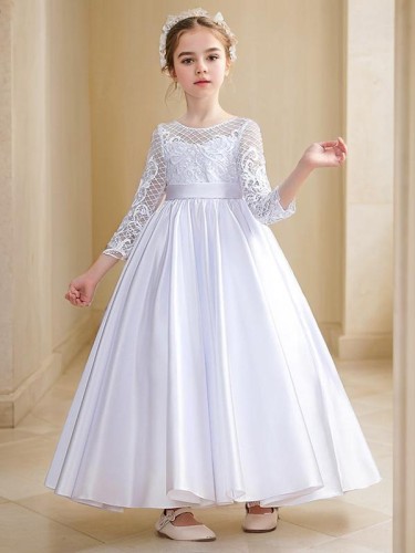 A-line Scoop 3/4 Sleeves Ankle-Length Angelic Satin Flower Girl Dress