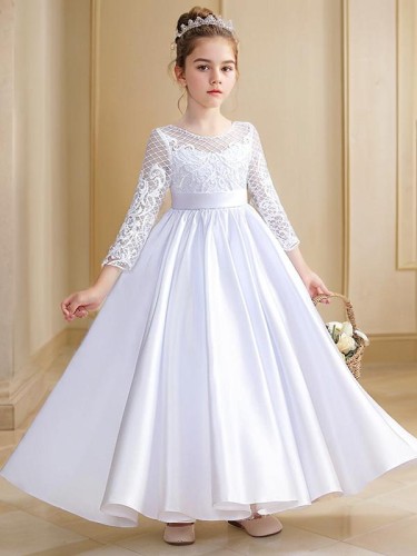 A-line Scoop 3/4 Sleeves Ankle-Length Angelic Satin Flower Girl Dress