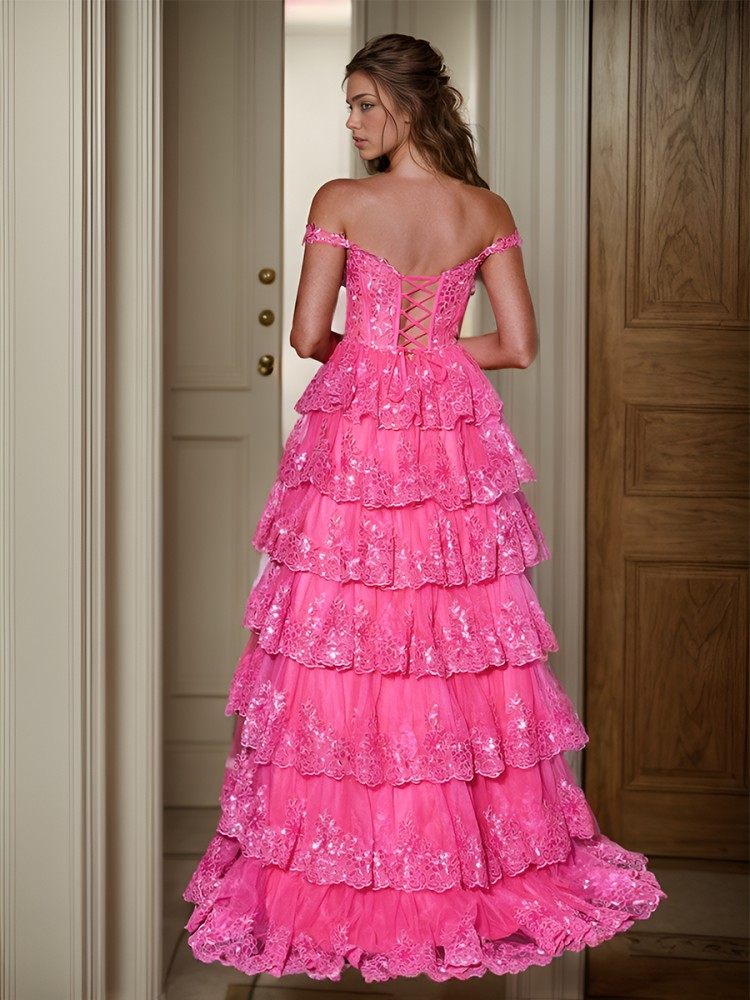 A-line Glam Off-the-Shoulder Sweep Train Tulle Corset Dress With Appliques Lace