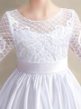 A-line Scoop 3/4 Sleeves Ankle-Length Angelic Satin Flower Girl Dress