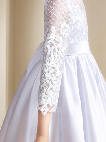 A-line Scoop 3/4 Sleeves Ankle-Length Angelic Satin Flower Girl Dress