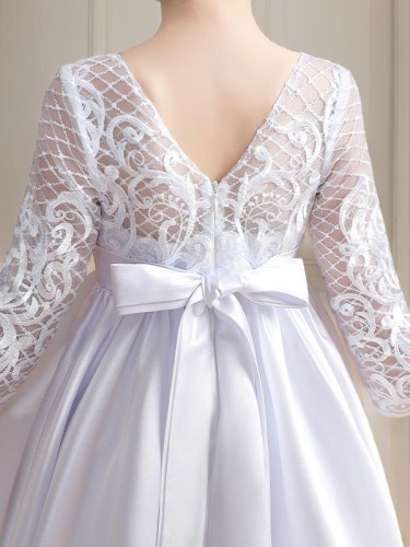 A-line Scoop 3/4 Sleeves Ankle-Length Angelic Satin Flower Girl Dress