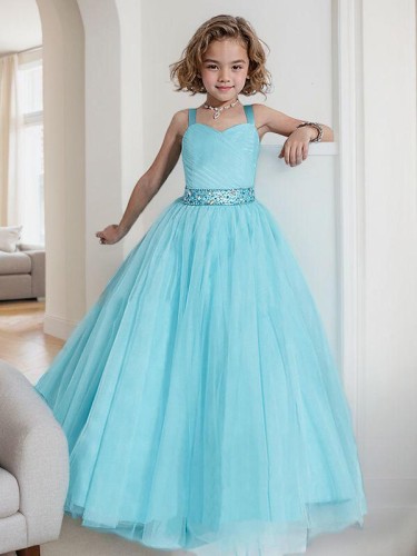 Ball-Gown Princess Straps Sleeveless Floor-Length Tulle Lovely Flower Girl Dress With Crystal