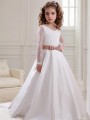 Dainty Ball-Gown V-neck Long Sleeves Sweep Train Satin Flower Girl Dress With Lace