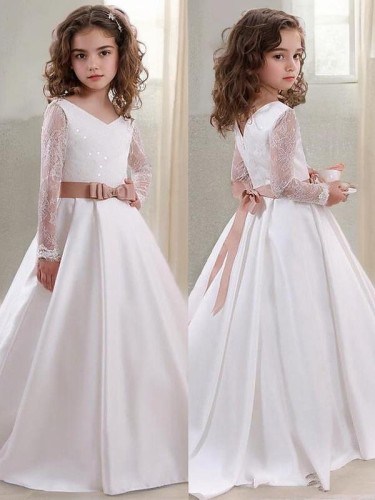 Dainty Ball-Gown V-neck Long Sleeves Sweep Train Satin Flower Girl Dress With Lace