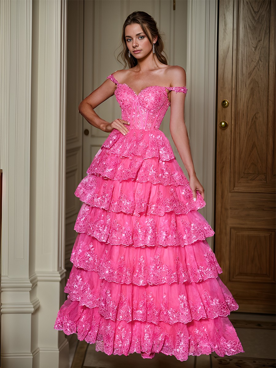 A-line Glam Off-the-Shoulder Sweep Train Tulle Corset Dress With Appliques Lace