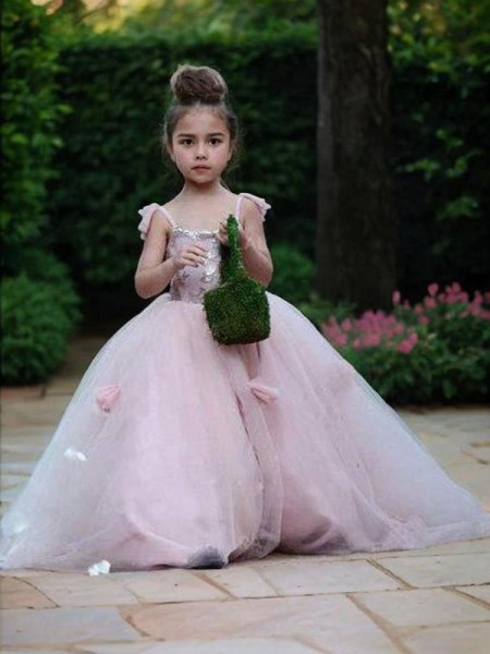 Ball-Gown Princess Spaghetti Straps Sweet Sleeveless Sweep Train Tulle Flower Girl Dress With Applique