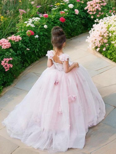 Ball-Gown Princess Spaghetti Straps Sweet Sleeveless Sweep Train Tulle Flower Girl Dress With Applique