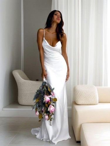 Sheath/Column Tight Spaghetti Straps Sleeveless Sweep Train NS Elastic Woven Satin Wedding Dress With Ruched