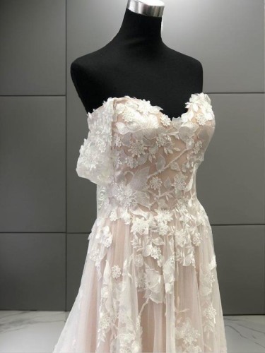 A-line Princess Off-the-Shoulder Sleeveless Court Train Chic Tulle Wedding Dress With Applique