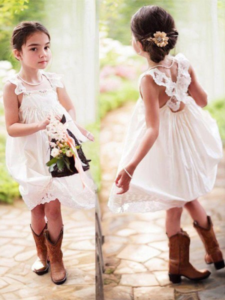 A-line Square Sleeveless Innocent Knee-Length Stretch Crepe Flower Girl Dress With Lace