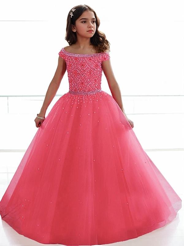 Ball-Gown Princess Off-the-Shoulder Sleeveless Floor-Length Angelic Tulle Flower Girl Dress With Beading