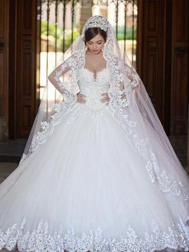 Ball-Gown Princess Off-the-Shoulder Long Sleeves Chapel Train Dreamy Tulle Wedding Dress