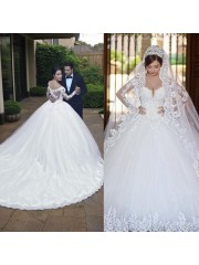 Ball-Gown Princess Off-the-Shoulder Long Sleeves Chapel Train Dreamy Tulle Wedding Dress