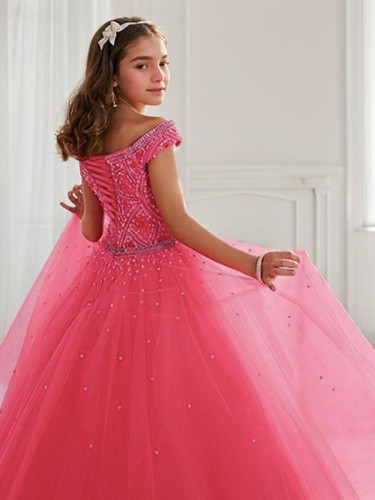 Ball-Gown Princess Off-the-Shoulder Sleeveless Floor-Length Angelic Tulle Flower Girl Dress With Beading