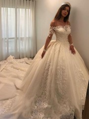 Ball-Gown Princess Off-the-Shoulder Long Sleeves Cathedral Train Ethereal Tulle Wedding Dress With Applique