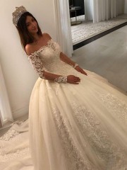 Ball-Gown Princess Off-the-Shoulder Long Sleeves Cathedral Train Ethereal Tulle Wedding Dress With Applique