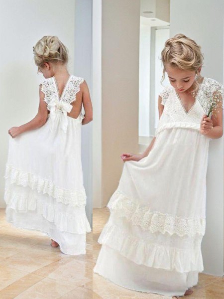 Empire V-neck Sleeveless Floor-Length Lovely Chiffon Flower Girl Dress With Lace