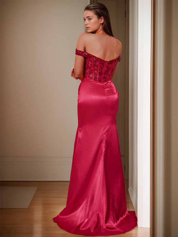 Bodycon Sheath/Column Off-the-Shoulder Sweep Train Elastic Woven Satin Corset Dress With Slit