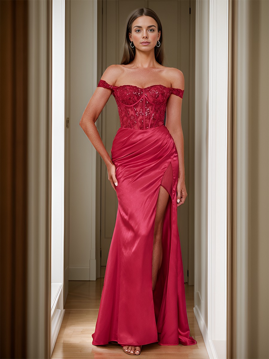 Bodycon Sheath/Column Off-the-Shoulder Sweep Train Elastic Woven Satin Corset Dress With Slit