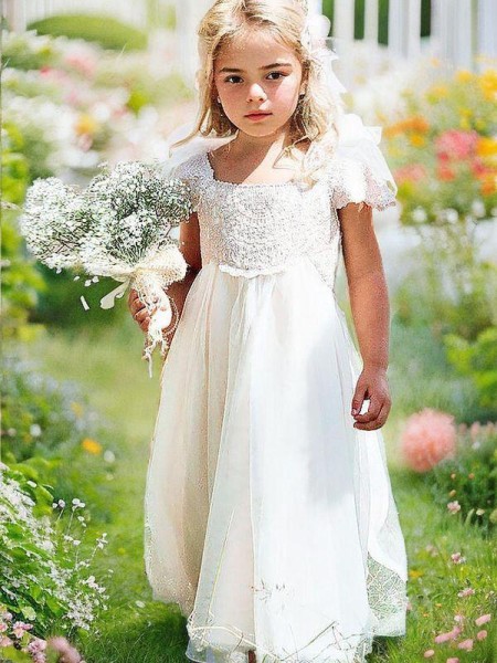 Enchanting A-line Square Short Sleeves Floor-Length Chiffon Flower Girl Dress With Lace