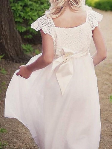 Enchanting A-line Square Short Sleeves Floor-Length Chiffon Flower Girl Dress With Lace