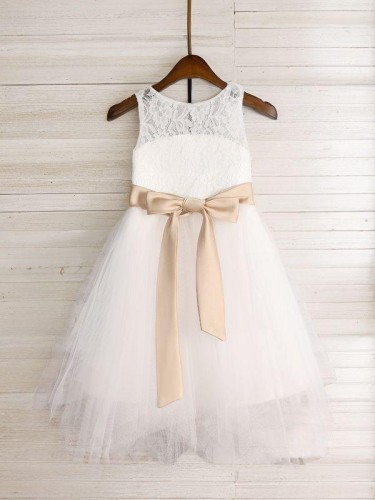 A-line Princess Graceful Scoop Sleeveless Tea-Length Tulle Flower Girl Dress