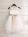 A-line Princess Graceful Scoop Sleeveless Tea-Length Tulle Flower Girl Dress