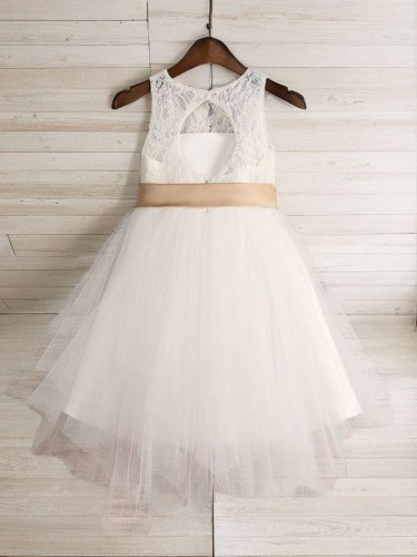 A-line Princess Graceful Scoop Sleeveless Tea-Length Tulle Flower Girl Dress