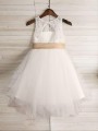 A-line Princess Graceful Scoop Sleeveless Tea-Length Tulle Flower Girl Dress