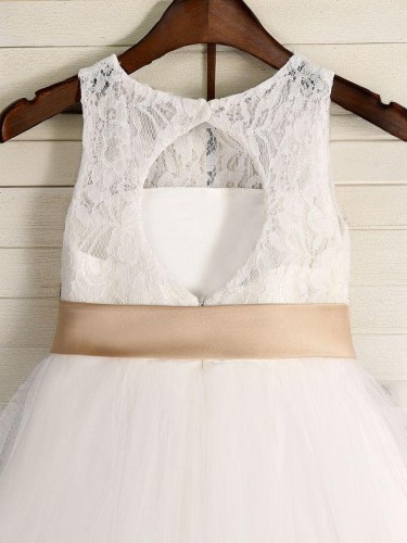 A-line Princess Graceful Scoop Sleeveless Tea-Length Tulle Flower Girl Dress