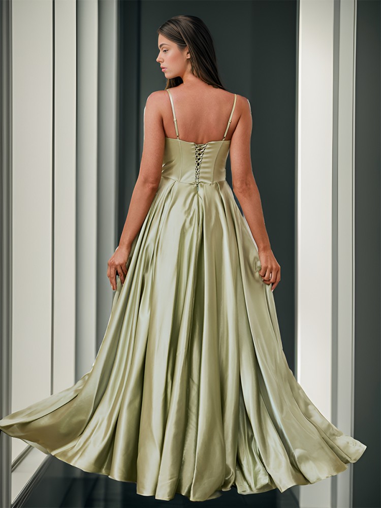 Chic A-line Spaghetti Straps Floor-Length Silk Like Satin Corset Dress With Slit