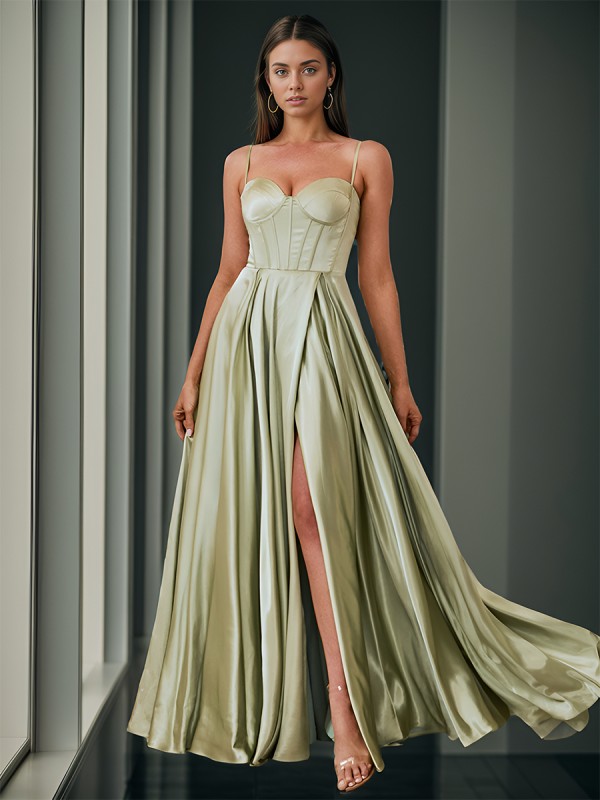 Chic A-line Spaghetti Straps Floor-Length Silk Like Satin Corset Dress With Slit