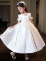 A-line Jewel Short Sleeves Whimsical Tea-Length Satin Flower Girl Dress