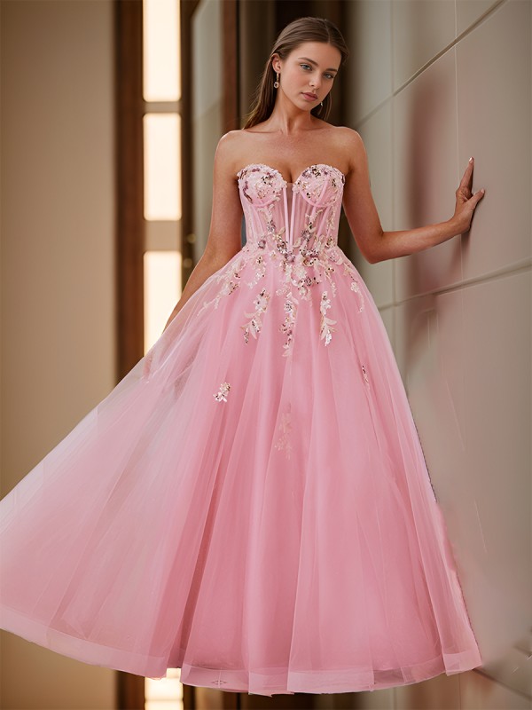 A-line Stunning Sweetheart Floor-Length Tulle Corset Dress With Appliques Lace