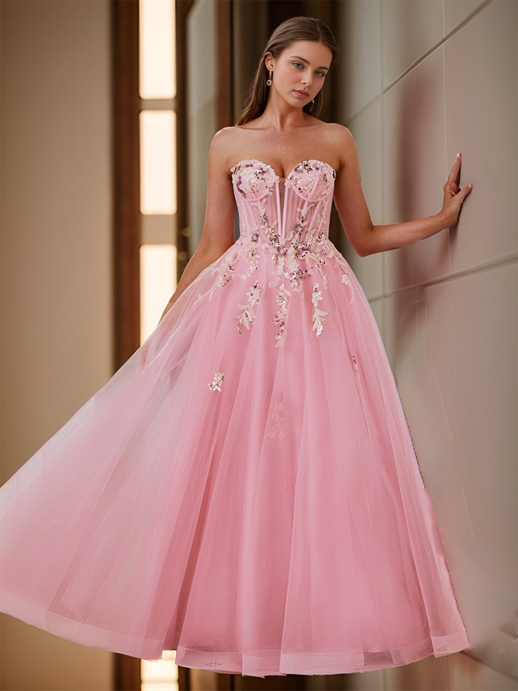 A-line Stunning Sweetheart Floor-Length Tulle Corset Dress With Appliques Lace