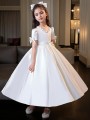 A-line Jewel Short Sleeves Whimsical Tea-Length Satin Flower Girl Dress