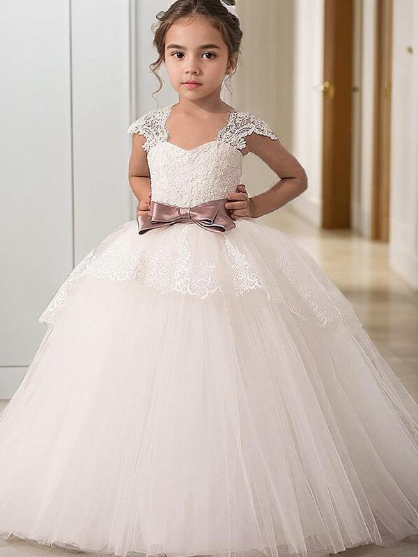 Ball-Gown Princess Straps Sleeveless Floor-Length Precious Tulle Flower Girl Dress With Sash