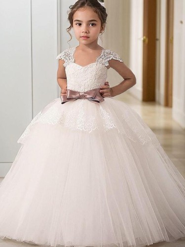 Ball-Gown Princess Straps Sleeveless Floor-Length Precious Tulle Flower Girl Dress With Sash