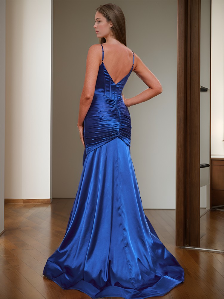 Classic Sheath/Column Spaghetti Straps Sweep Train Silk Like Satin Corset Dress With Slit