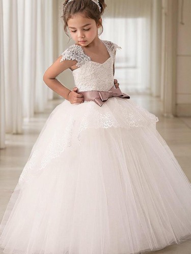 Ball-Gown Princess Straps Sleeveless Floor-Length Precious Tulle Flower Girl Dress With Sash