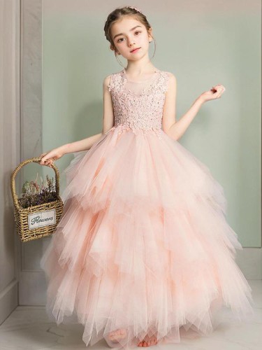 A-line Princess Scoop Sleeveless Floor-Length Celebratory Tulle Flower Girl Dress