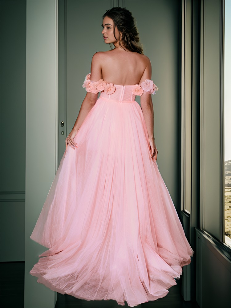 A-line Pretty Off-the-Shoulder Sweep Train Tulle Corset Dress With Slit